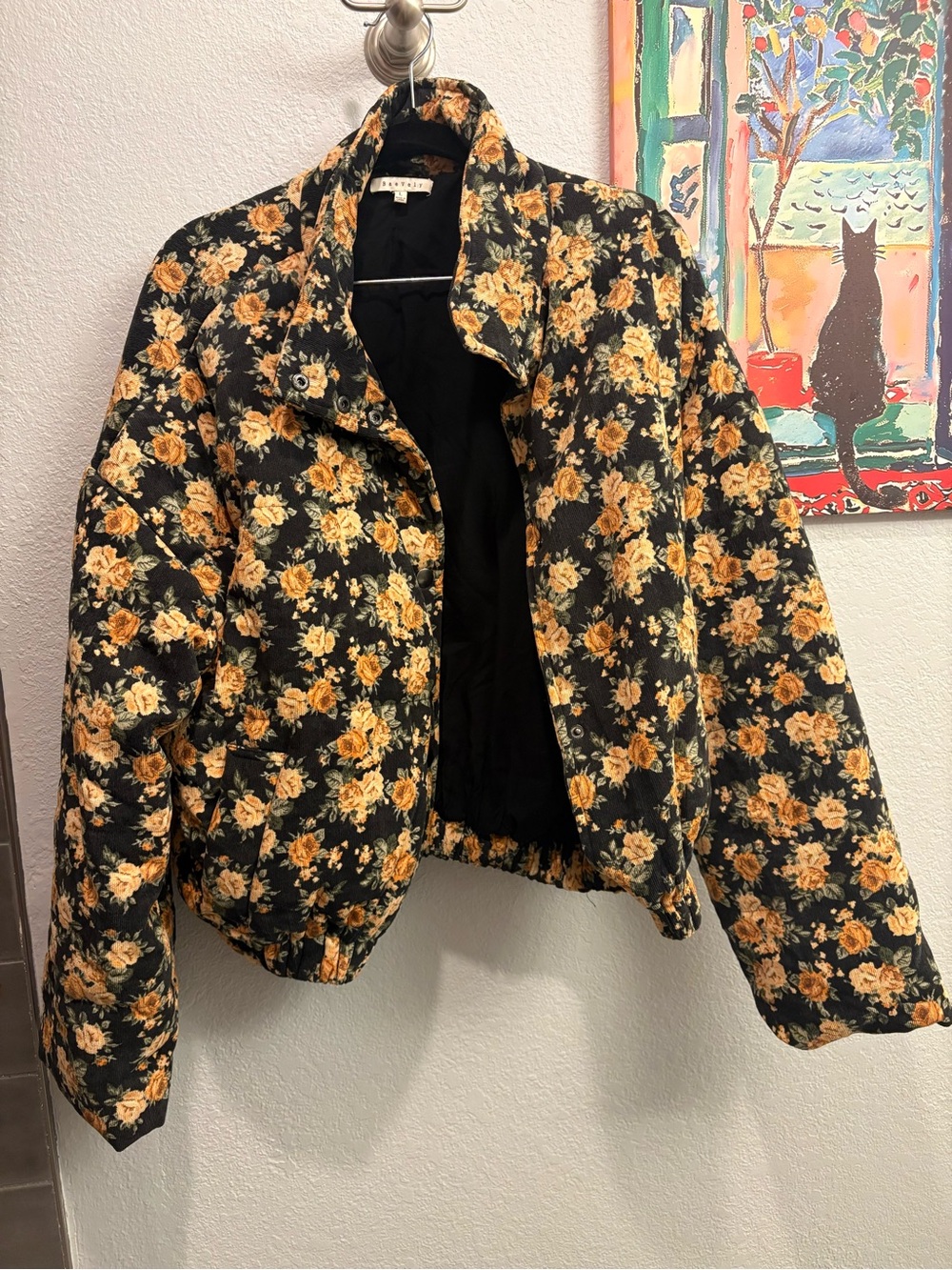 Floral Quilted Bomber Jacket - Black & Mustard